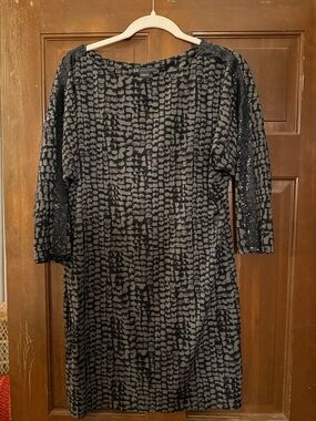 Women’s Black & Gray Patterned Sheath Dress with Sequin Sleeve Detail